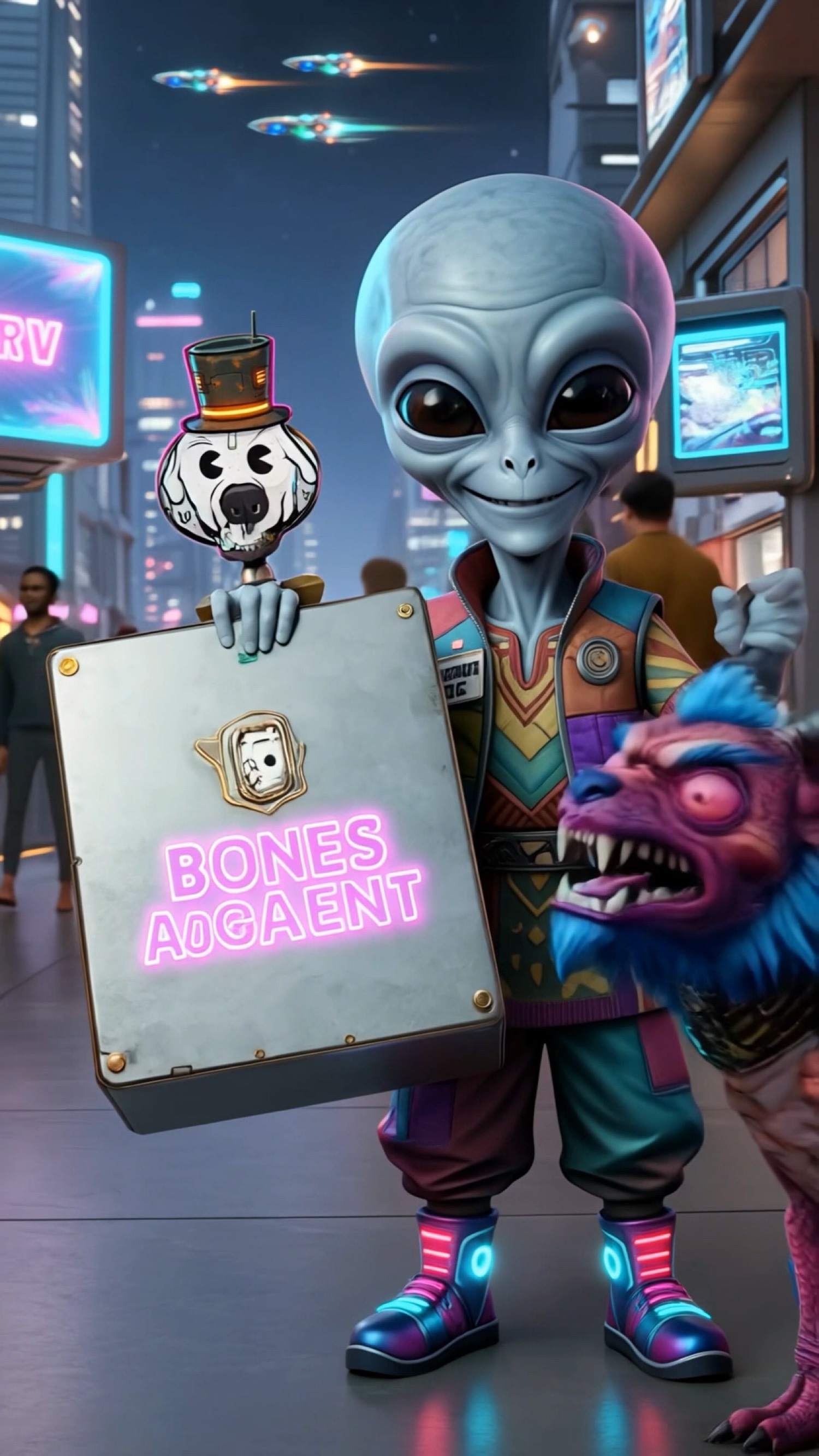 BONES agent on a neon night street, holding the studio sign with the lantern skull.