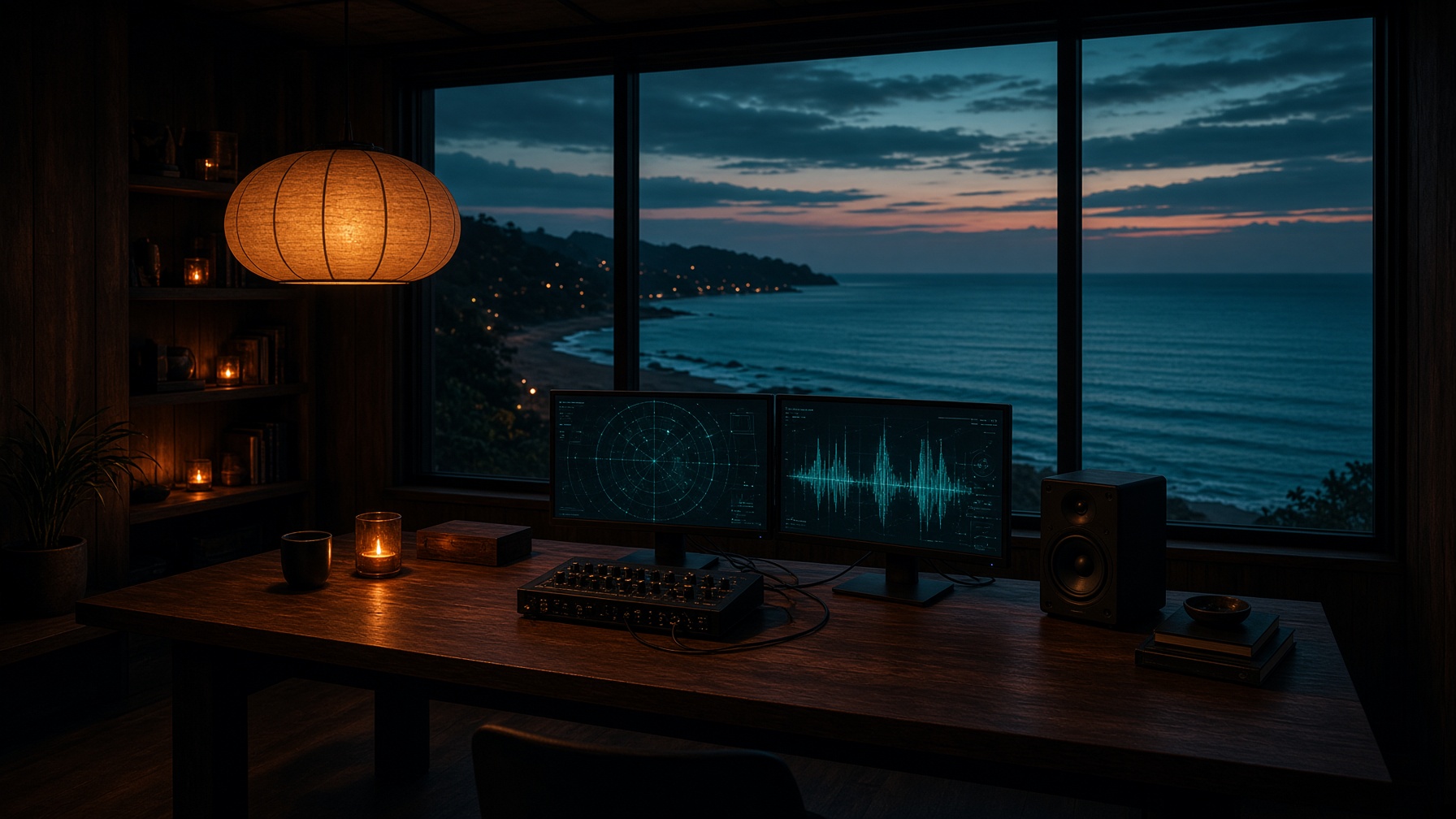 Jacó studio desk at dusk, lantern light and telemetry screens.