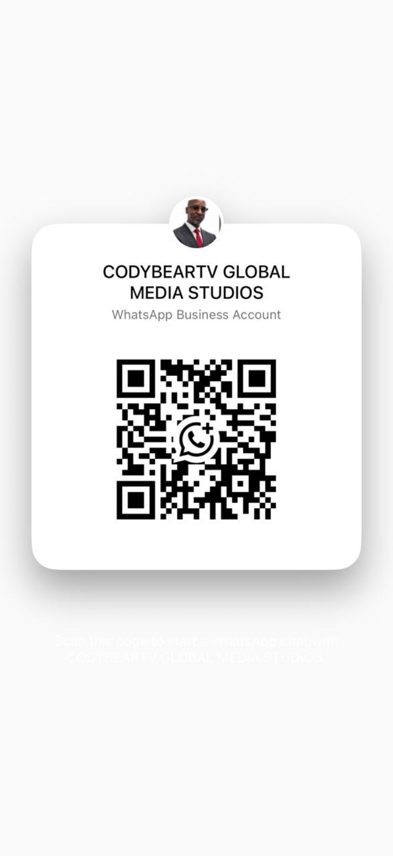 WhatsApp Business QR for CodyBearTV Global Media Studios.